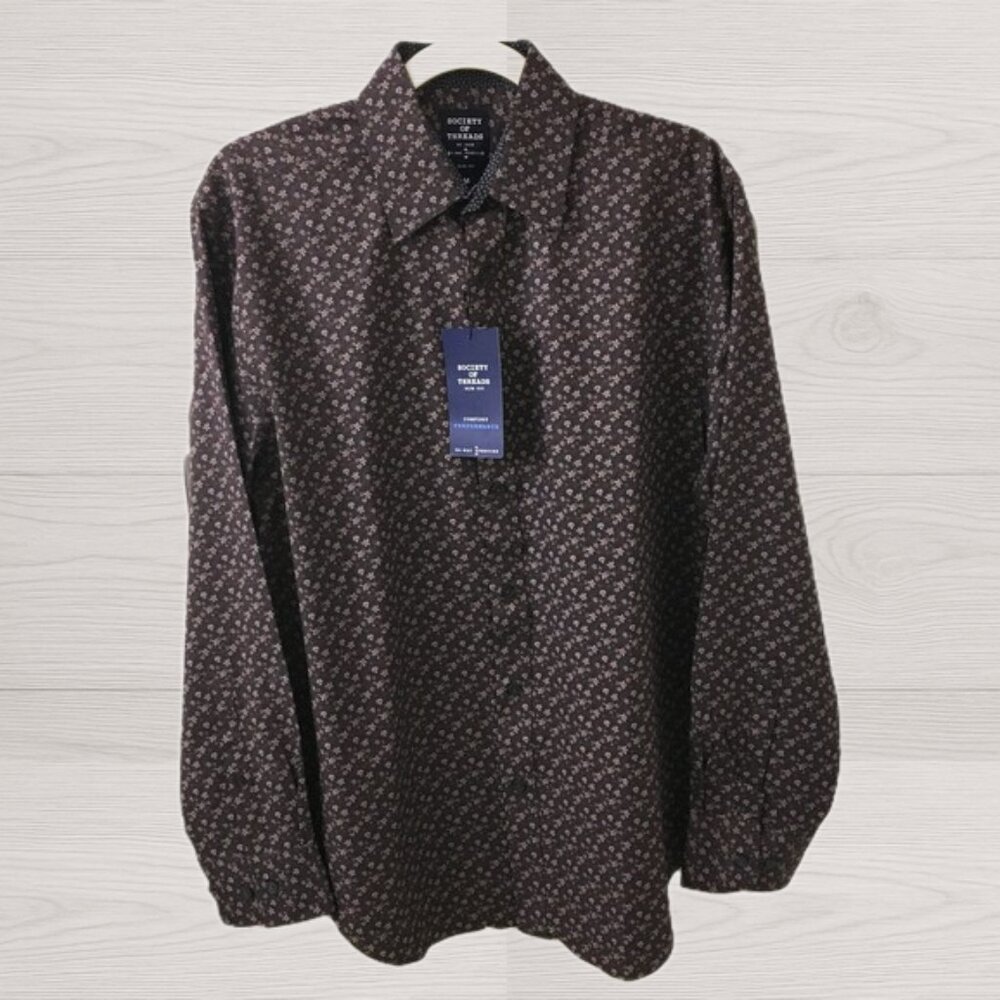 Society Of Threads Men's Slim Fit Long Sleeve Floral Print Brn Shirt-New-Size M